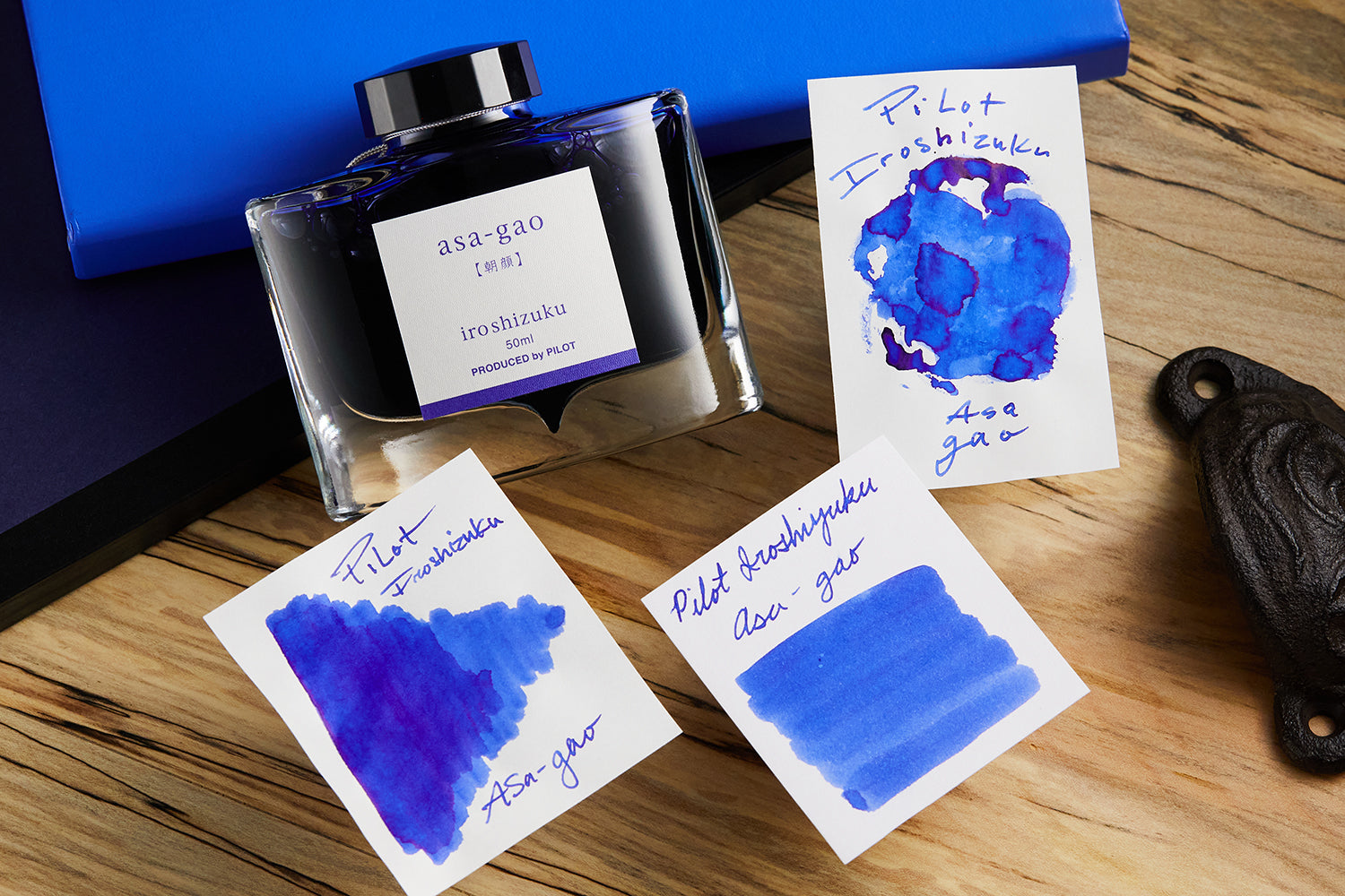 Pilot Iroshizuku Asa-Gao with examples and bottle