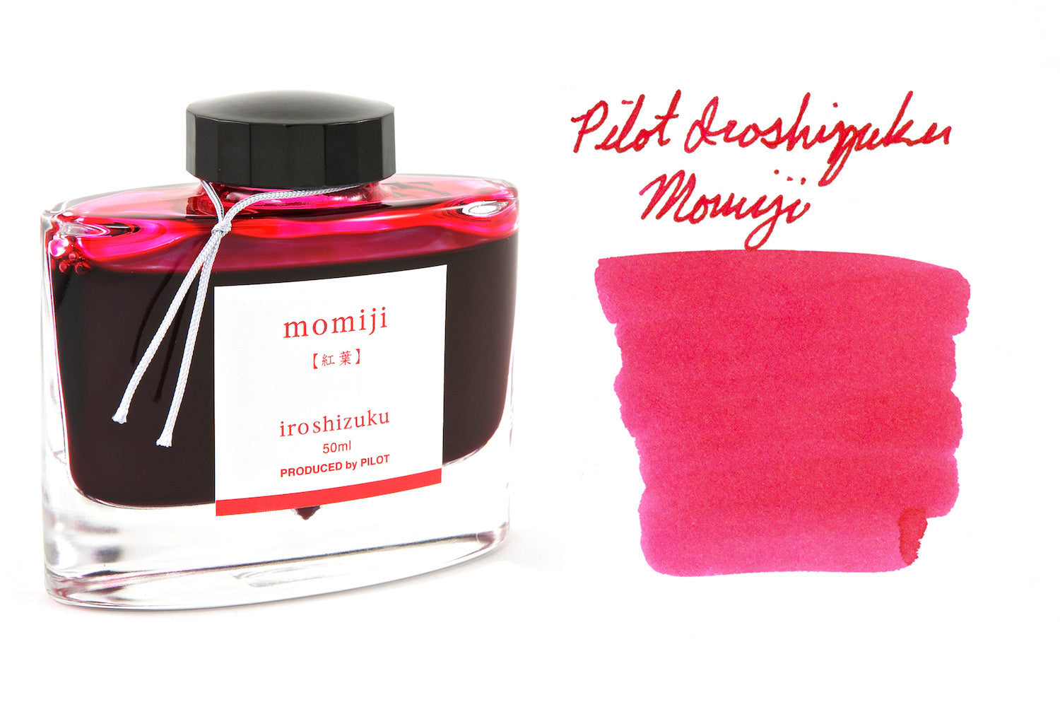 Pilot Iroshizuku Momiji fountain pen ink bottle, and 1 white cards with pink ink swab on it on white background