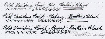 Writing sample of the 3 nibs available on a Pilot Vanishing point