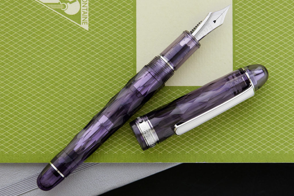 Platinum #3776 fountain pen in purple on a green notebook