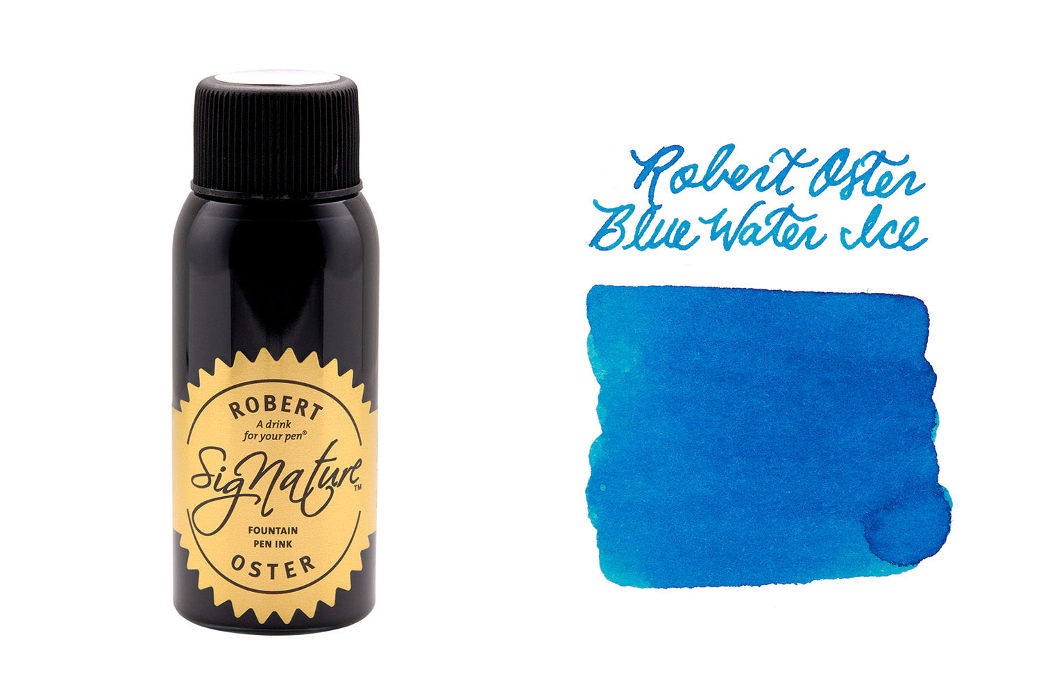 Robert Oster Blue Water Ice Fountain Pen Ink bottle and swab on white background