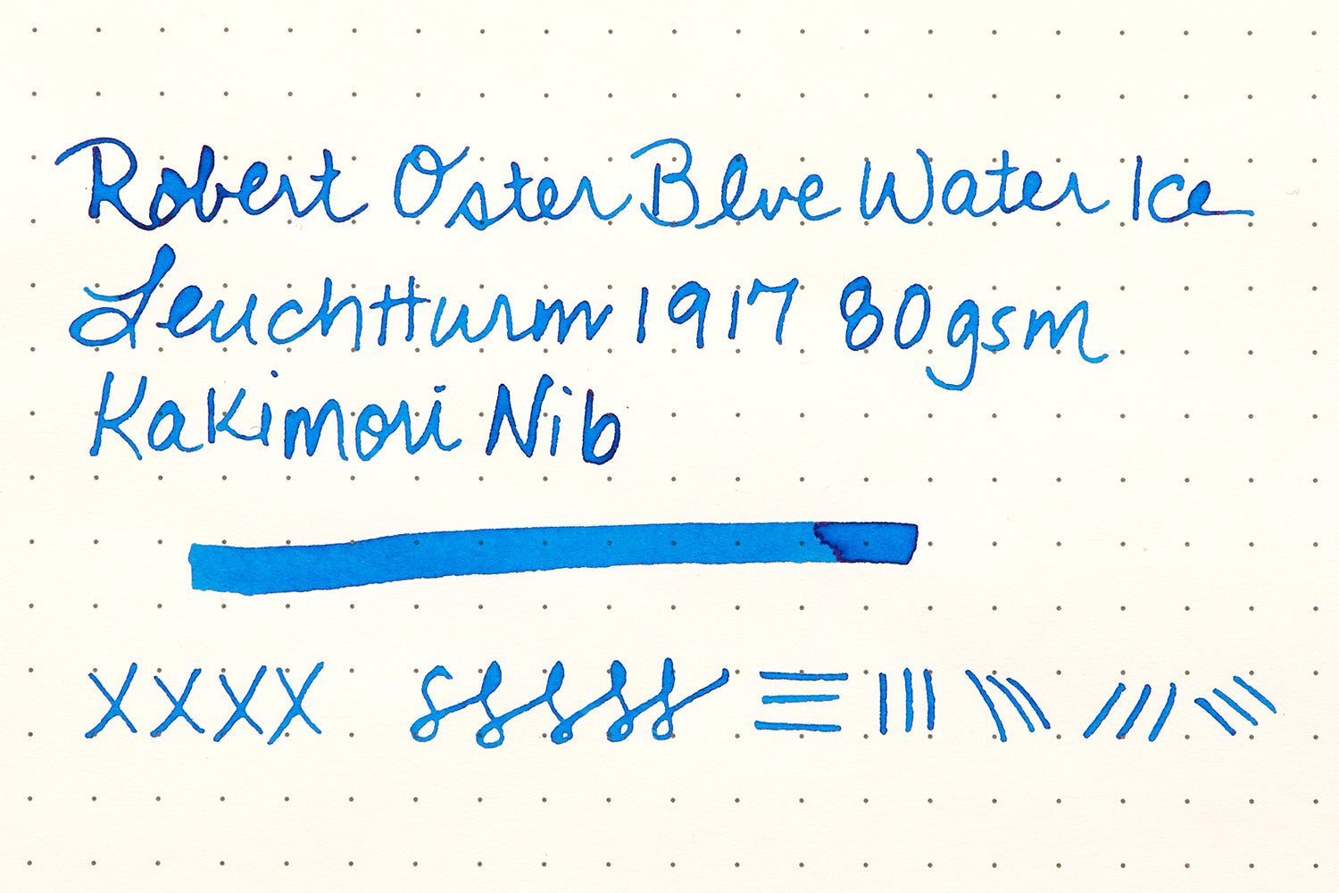 Robert Oster Blue Water Ice Fountain Pen Ink writing sample on cream colored dot grid paper