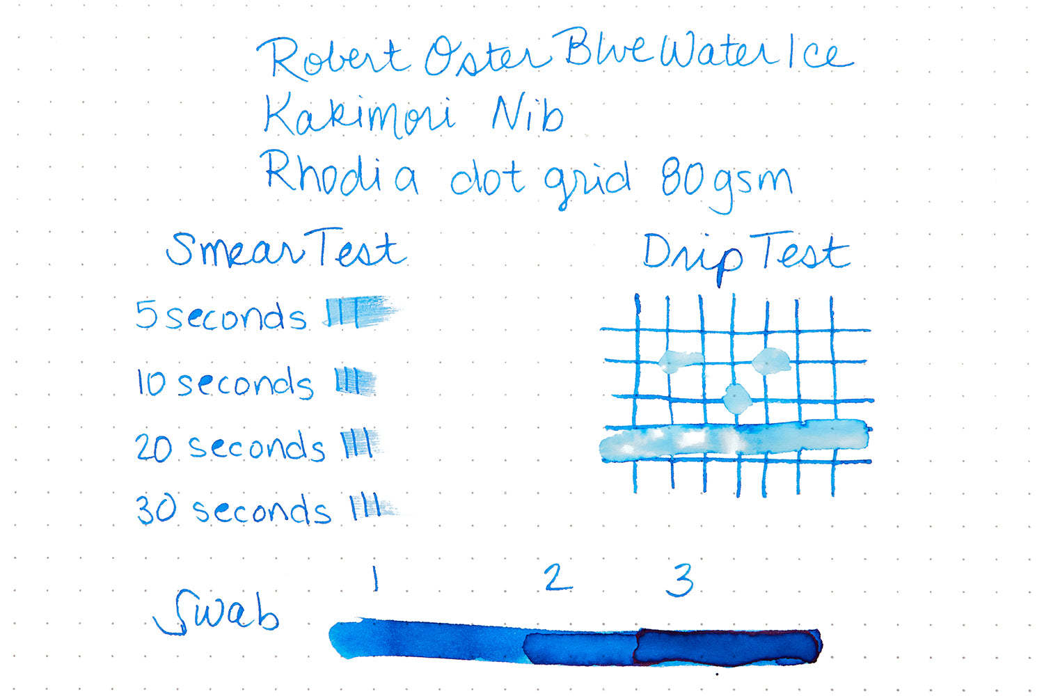 Robert Oster Blue Water Ice Fountain Pen ink writing sample on white dot grid paper