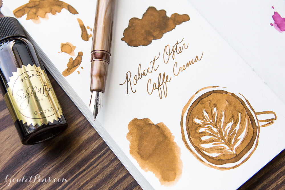 Robert Oster Caffe Crema fountain pen ink writing sample, and coffee cup drawing