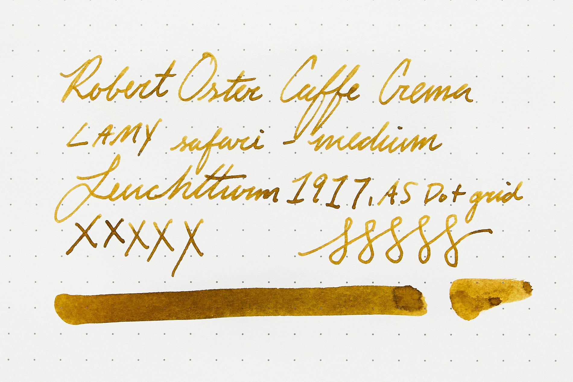 Robert Oster Caffe Crema fountain pen ink writing sample on cream colored dot grid paper