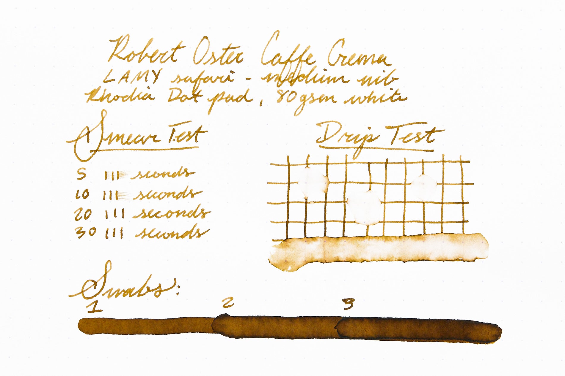 Robert Oster Caffe Crema fountain pen ink writing sample on white dot grid paper