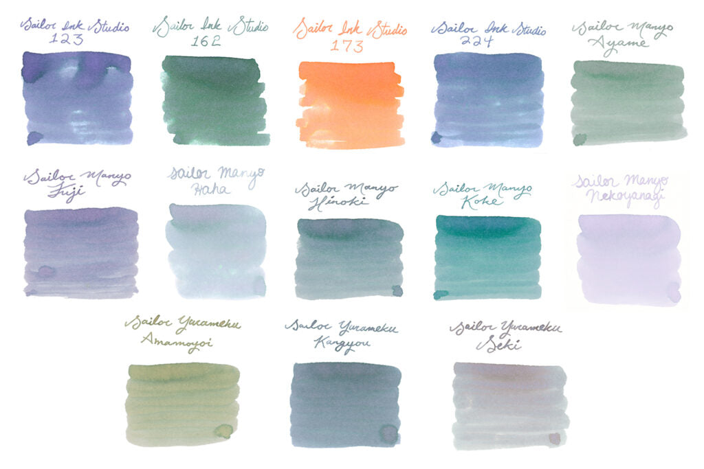 Swatches of all the Sailor Chromoshading inks