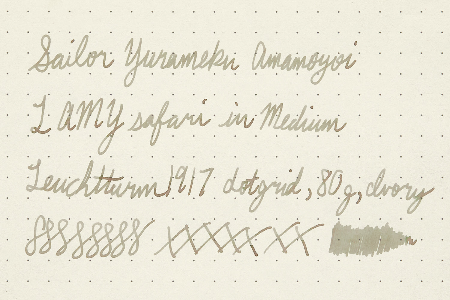 Sailor Yurameku Amamoyoi fountain pen ink written on 80g, ivory, dotgrid, Leuchtturm1917 paper.