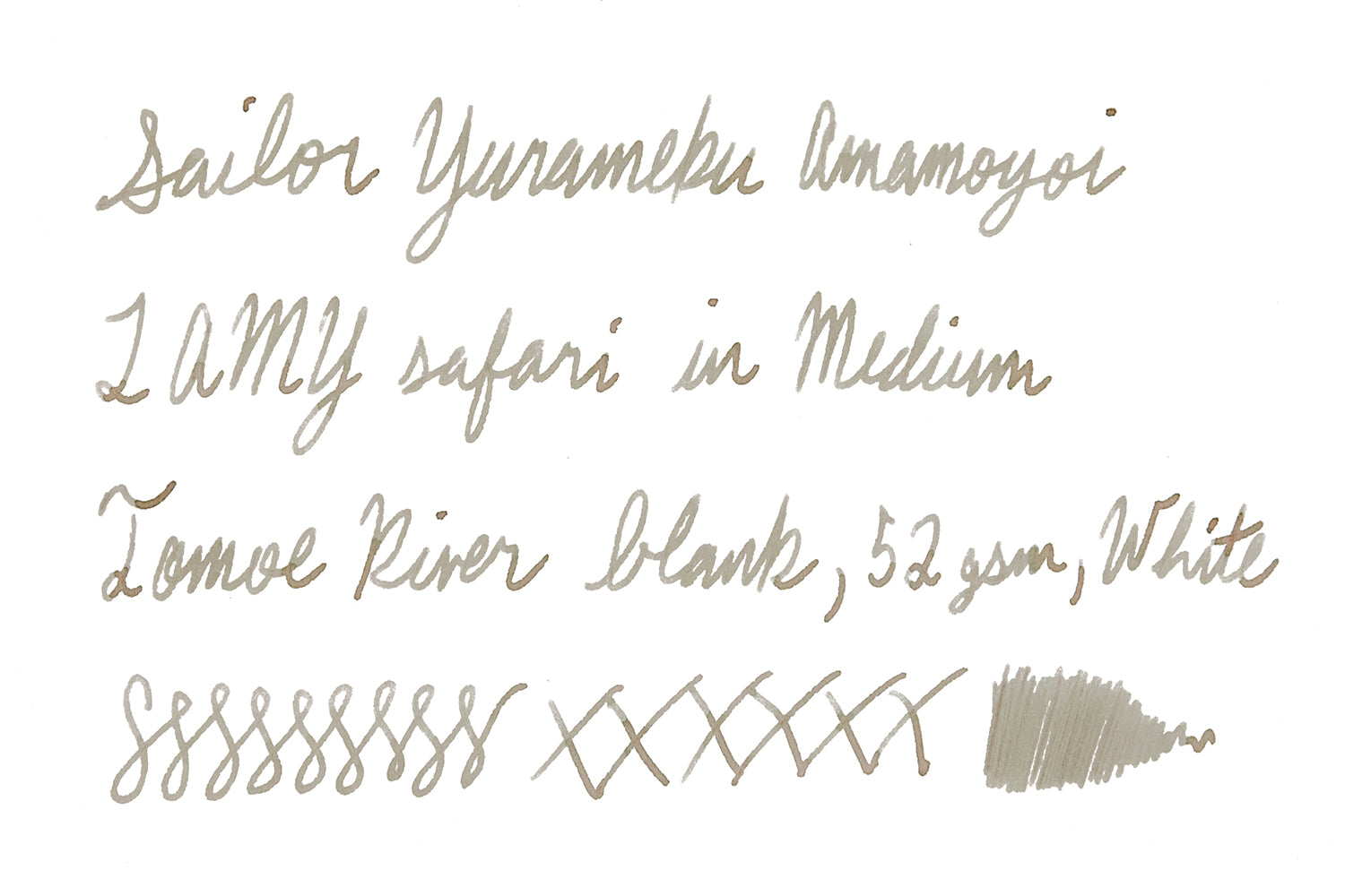 Sailor Yurameku Amamoyoi fountain pen ink written on white, 52 gsm, blank, Tomoe River paper.