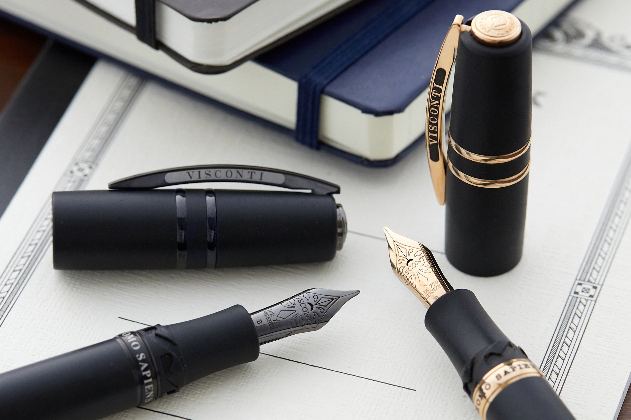 Visconti Homo Sapiens fountain pens with black and gold trims