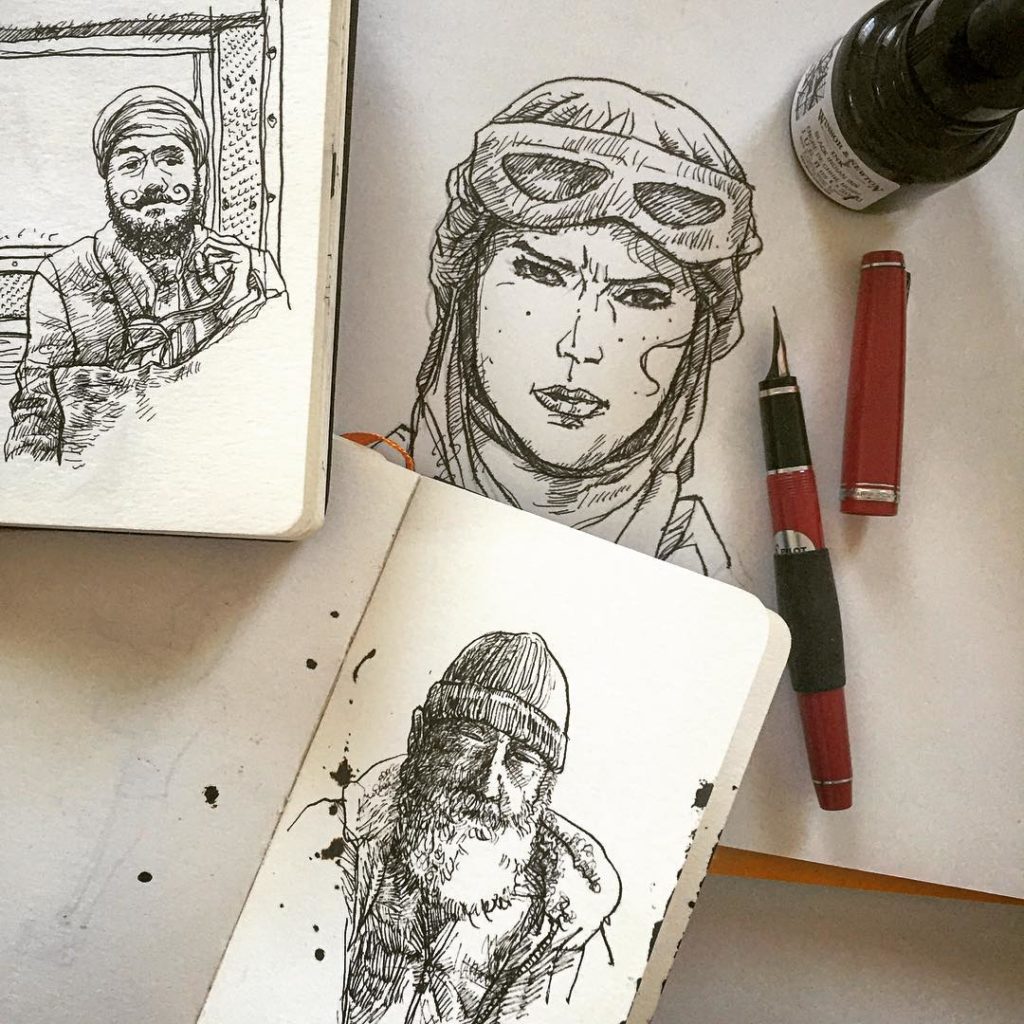 drawings of people in black fountain pen ink.