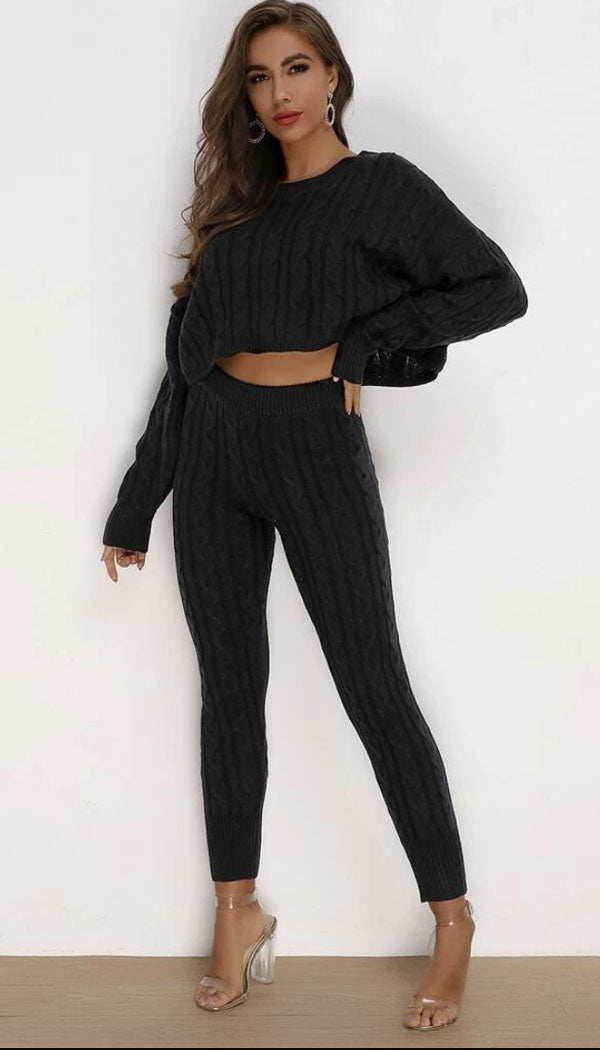 Oatmeal Knitted 3 Piece Legging Set  Tops for leggings, Womens loungewear,  Black cable knit sweater