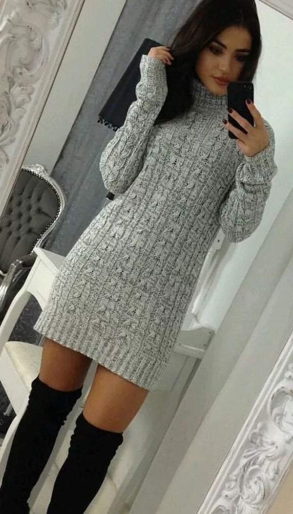 Cable Knitted Polo Neck Jumper Dress Omgfashion Com