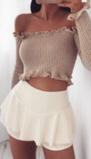 Knitted Ribbed Bardot Crop Top In Stone