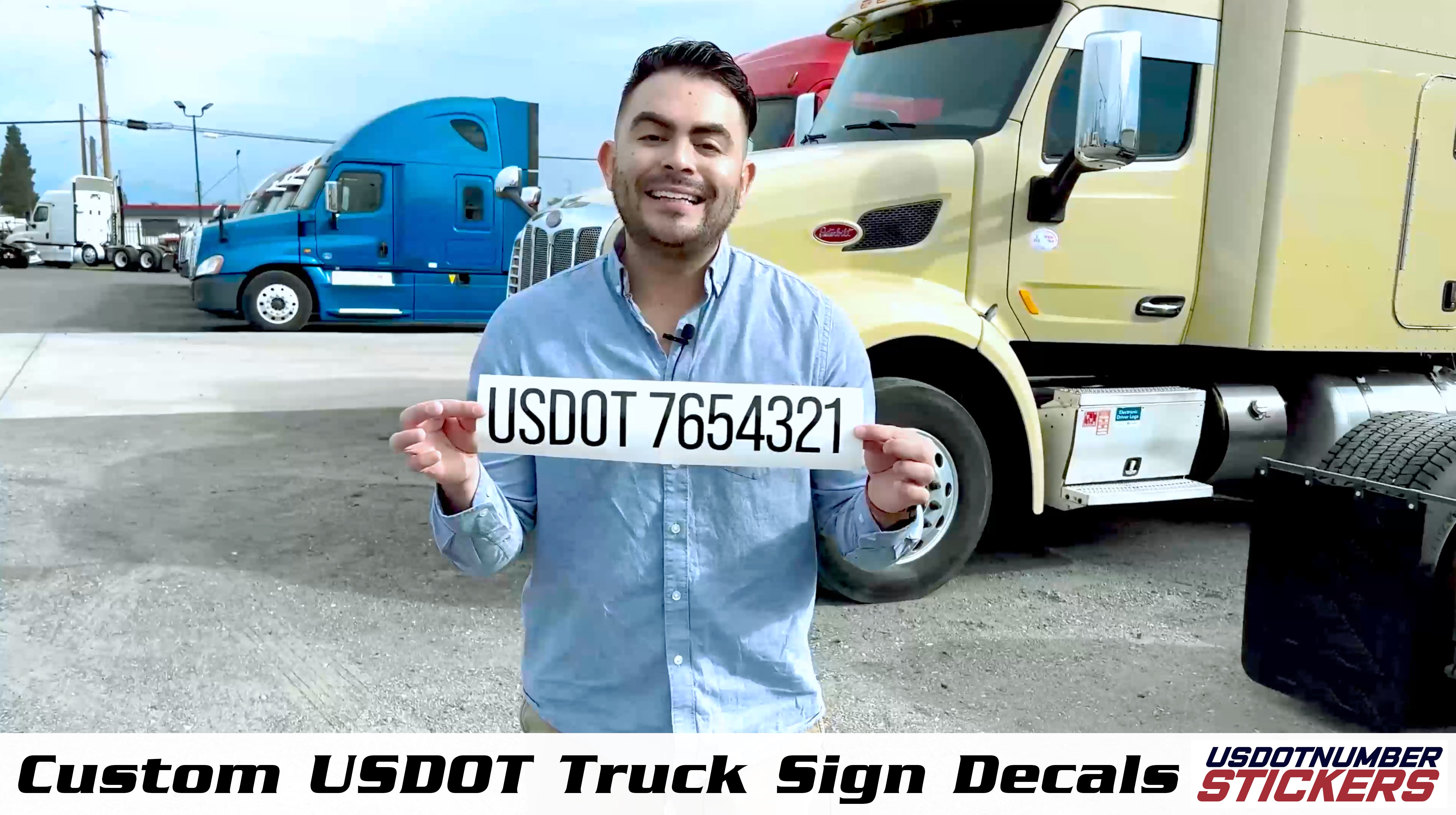 man holding usdot number decal sticker