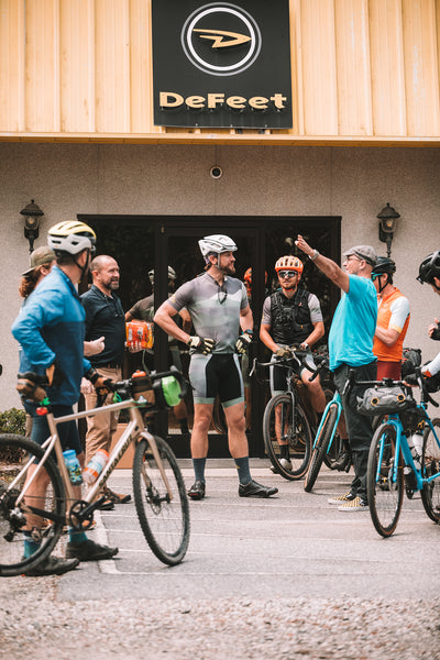 5 cyclists talk with DeFeet crew in Hildebran, NC about their custom socks