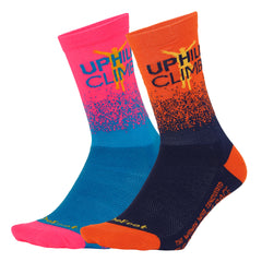 two cycling socks in ombre patterns with Uphill Climb logo on the cuff