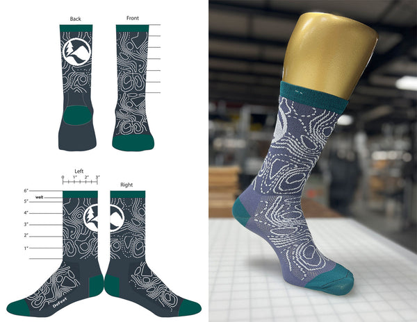 custom DeFeet cycling socks in blue and green with topography lines for events or shops