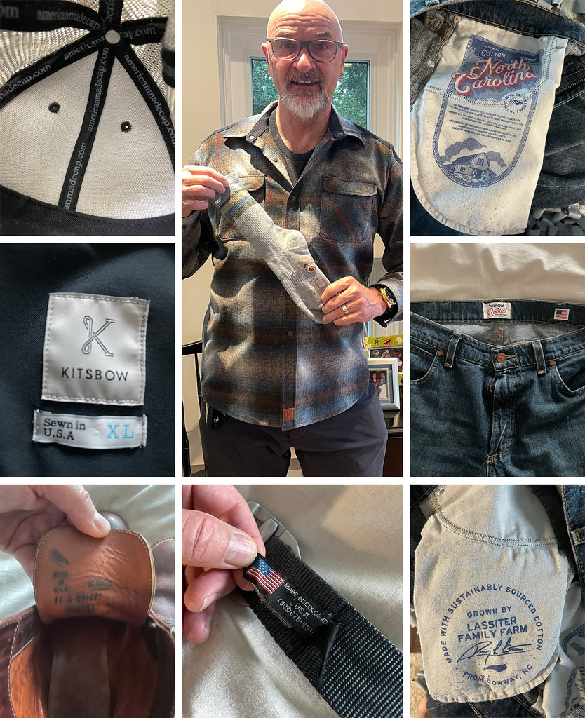 a collage of products made in the USA and North Carolina, including DeFeet socks