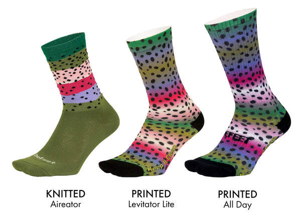 three different socks showing a rainbow trout pattern