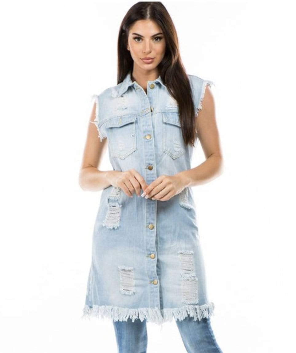 Distressed Long Length Light Denim Vest with Multi Cut Back