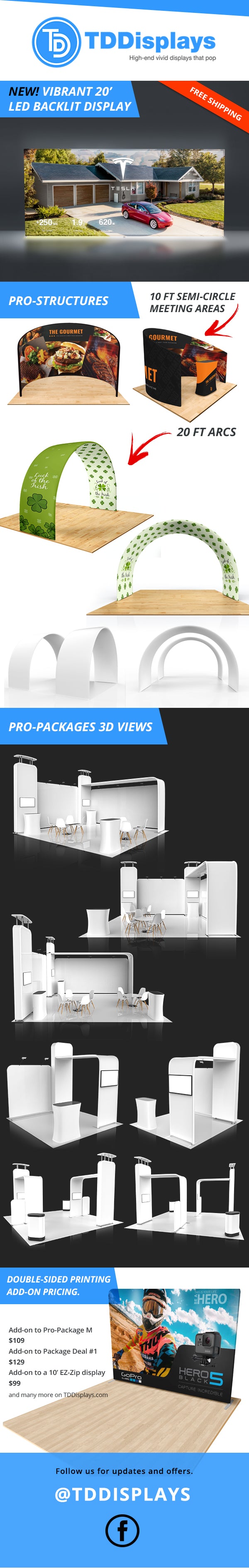 Trade show 3d views and pro-structures including meeting areas, semi-circles, arcs and towers