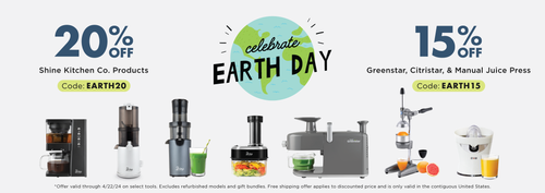 Save 20% on Shine Kitchen Co Products with code EARTH20. Save 15% on Greenstar, Citristar and Manual Juice Press with code EARTH15 valid through 4/22/24.