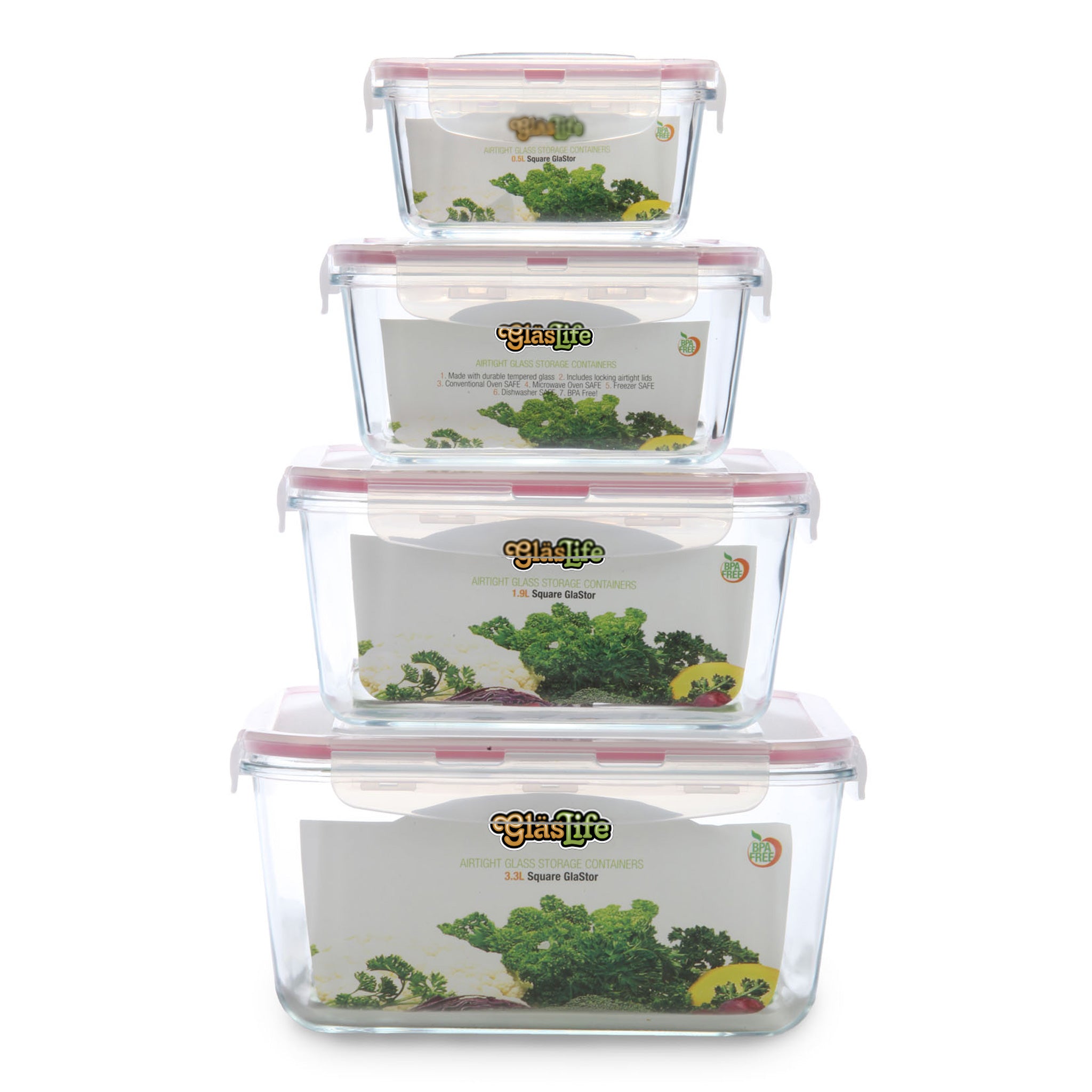 GlasLife® Airtight Square Glass Containers (Set of 4)