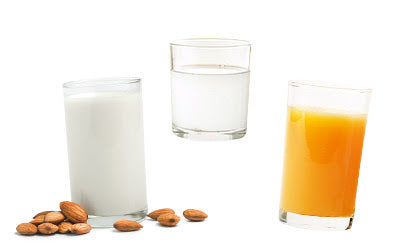 Almond milk, coconut water, juice