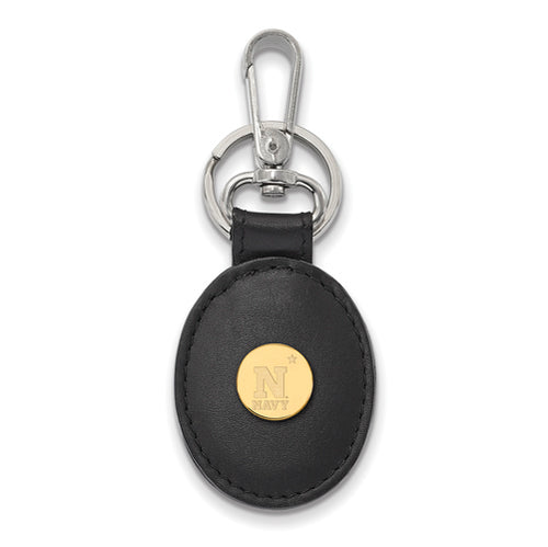 SS w/GP Navy Black Leather Oval Key Chain