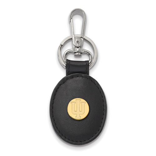 SS w/GP Indiana University Black Leather Oval Key Chain