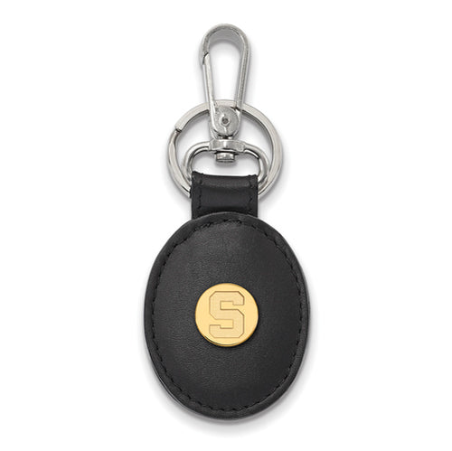 SS w/GP Michigan State U Black Leather Oval Key Chain