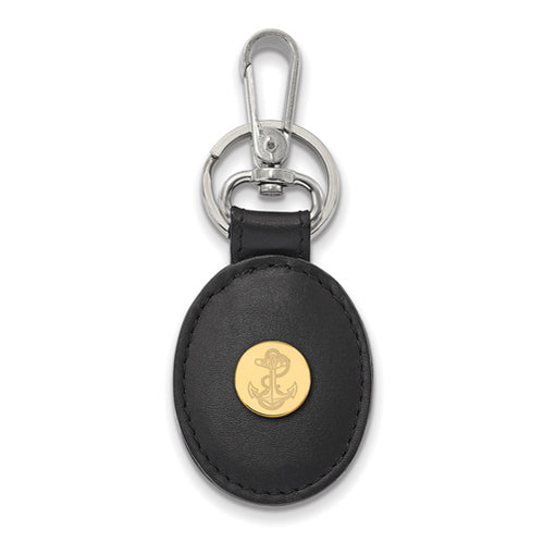 SS w/GP Navy Anchor Black Leather Oval Key Chain