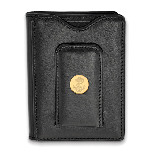 SS w/GP Navy Anchor Black Leather Wallet