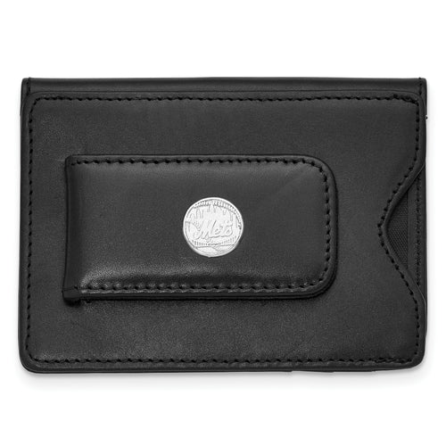 STERLING SILVER NEW YORK METS LOGO BLACK LEATHER MONEY CLIP WALLET