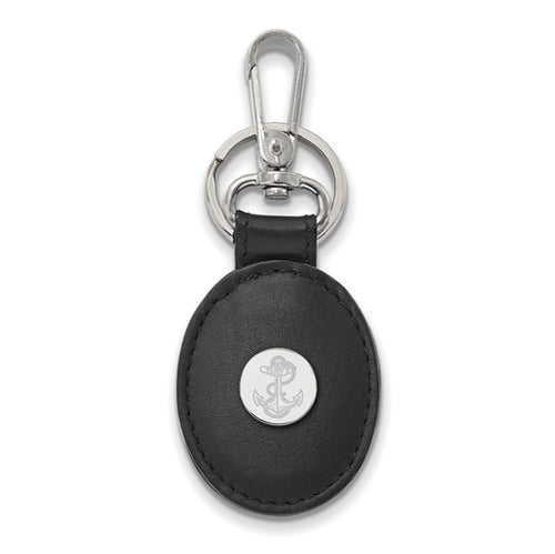 SS Navy Anchor Black Leather Oval Key Chain