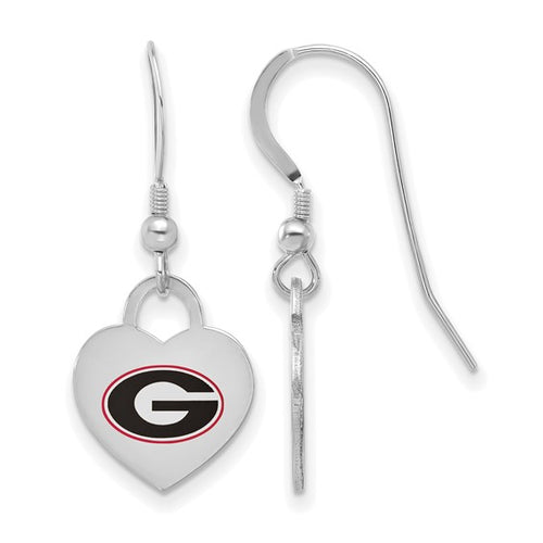 Sterling Silver University of Georgia Enamel Heart Dangle Earrings