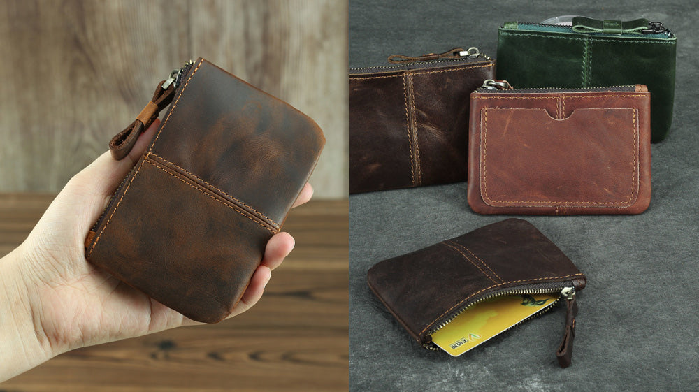 Vintage Leather Slim Zip Front Pocket Wallet 