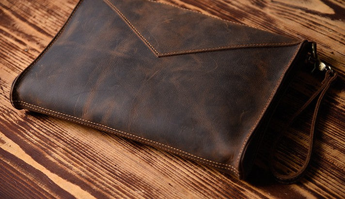 Handmade Leather Mens Clutch Cool Slim BagZipper Clutch Wristlet Walle ...