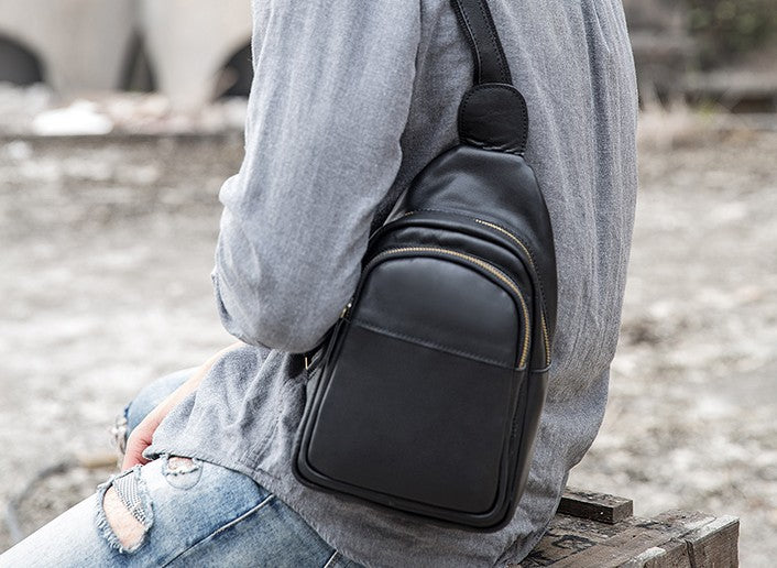 Leather Mens Black Sling Bag Sling Shoulder Bag Sling Backpack for men ...