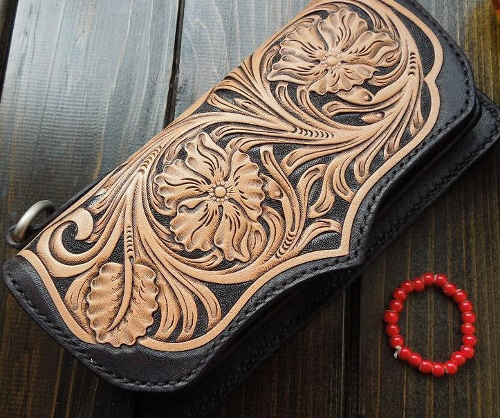 Handmade Leather Biker Wallet Tooled Floral Mens Cool Chain Wallet Tru ...