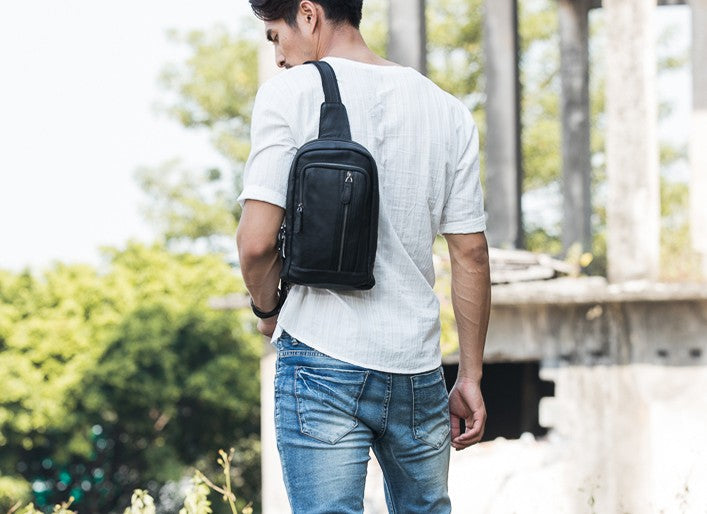 Leather Mens Black Sling Bag Sling Shoulder Bag Sling Backpack for men ...