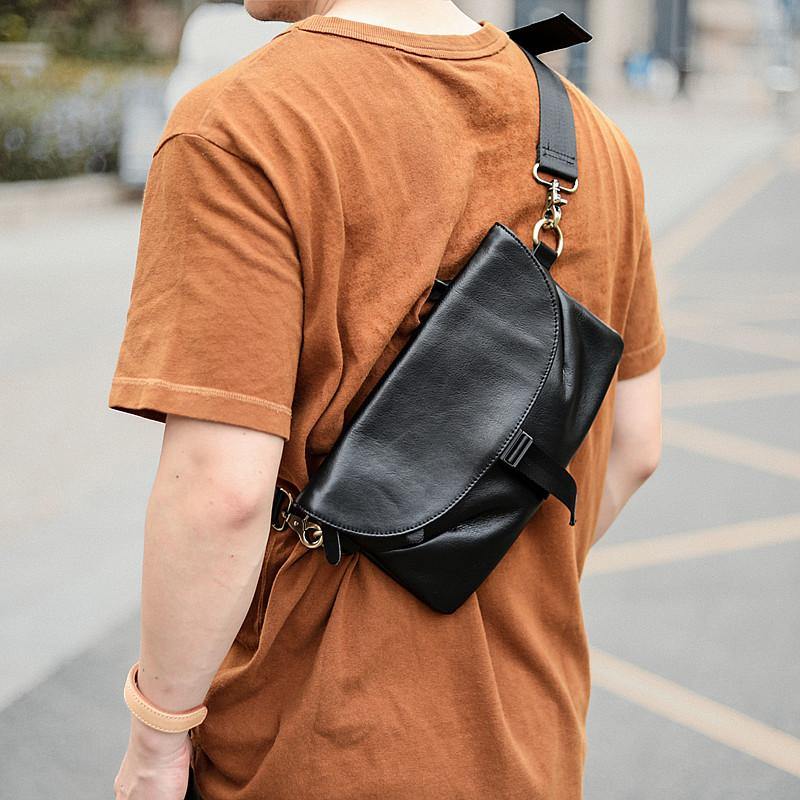 Black Leather Mens Small Courier Bag Chest Bag Messenger Bags Black Sl ...