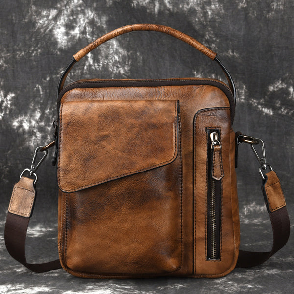 Vintage Brown Leather Men's Small Side Bag Vertical Business Handbag B ...