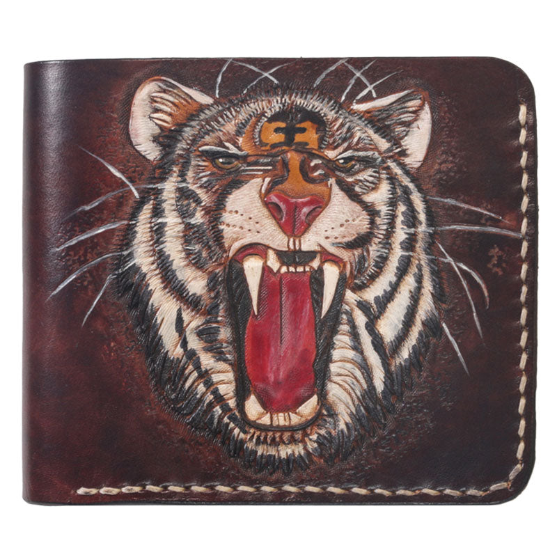 Handmade Leather Tiger Tooled Mens billfold Wallet Cool Leather Wallet ...