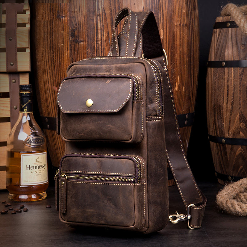 Cool Brown Leather Mens Sling Pack Sling Bags Coffee Crossbody Pack Ch ...