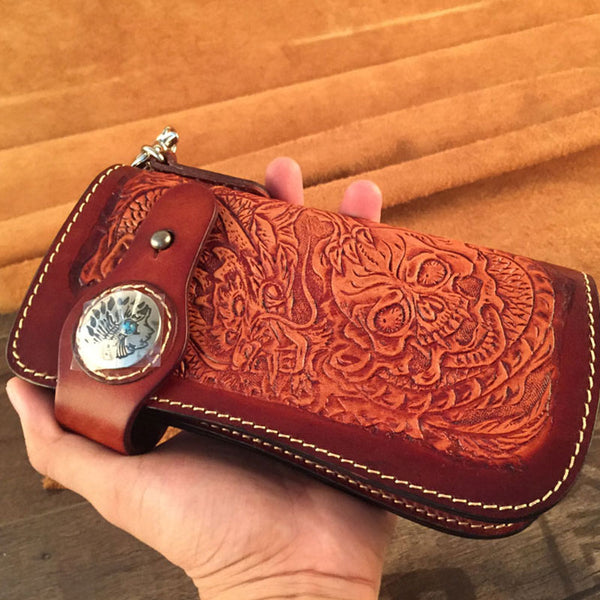 Handmade Leather Tooled Skull Mens Chain Biker Wallet Cool Leather Wal ...
