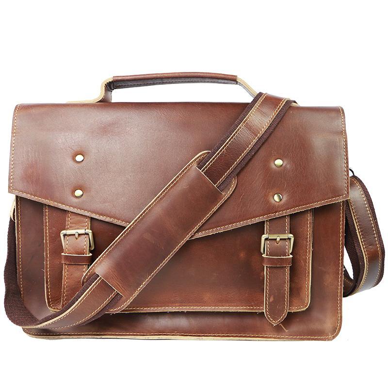 Vintage Brown Mens Leather Briefcase Work Handbag Black 14'' Computer ...