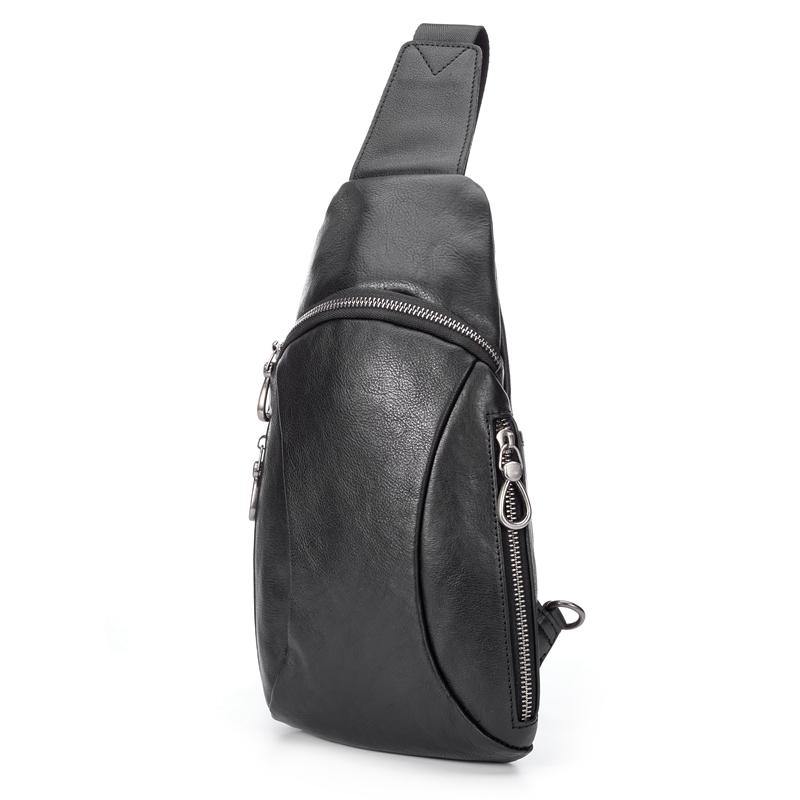 Cool Mens Black Leather Sling Bag Chest Bag Soft Black One Shoulder Ba – iwalletsmen