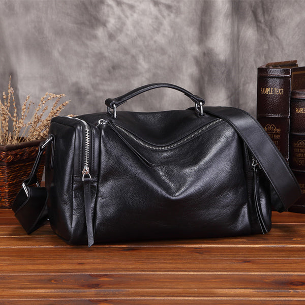 Fashion Black Leather Men's Small Barrel Side Bag Travel Bag Small Bla ...